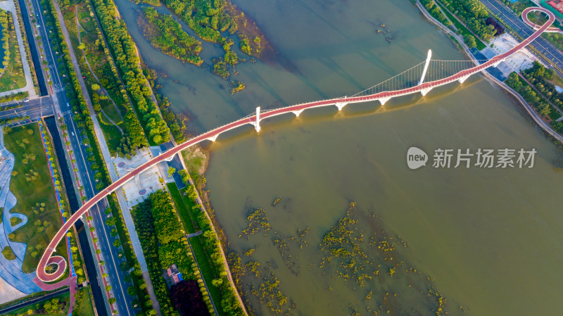 城市自然风景航拍河流桥生态环境道路交通