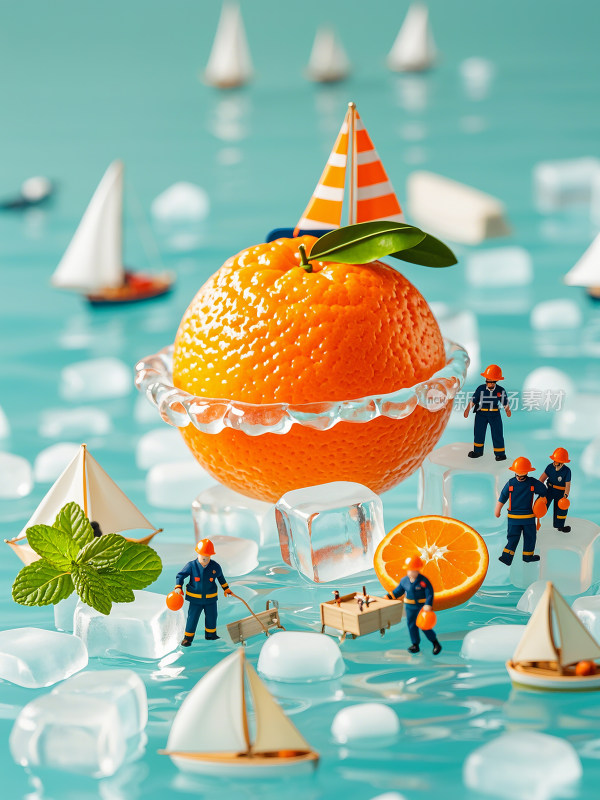 橘子冰块夏日微观小人摄影