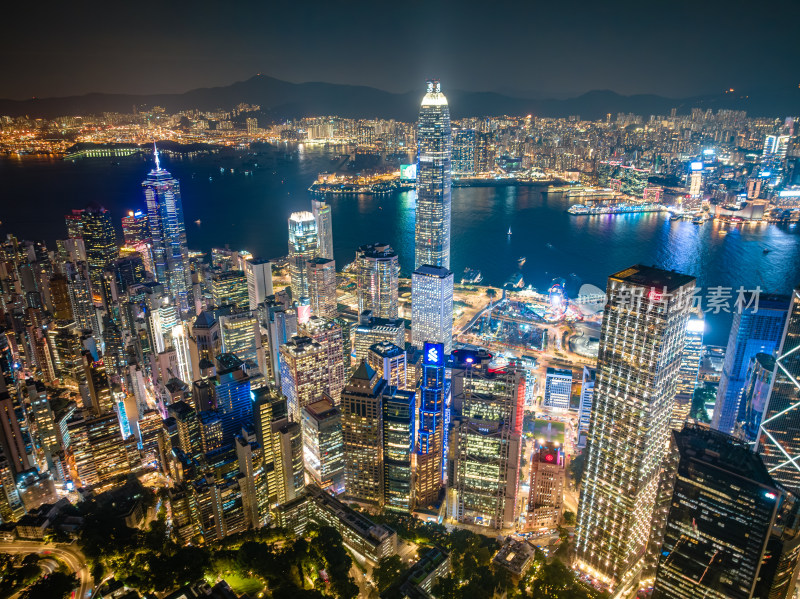 中国香港维多利亚港城市夜景航拍