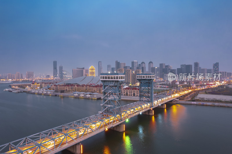 天津海河响螺湾海门大桥城市风光夜景航拍