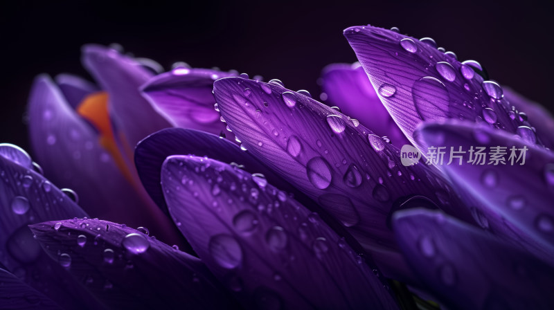几朵雨后的紫色郁金香花瓣挂满了晶莹的水珠