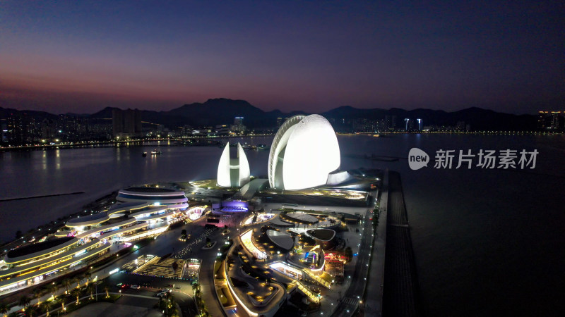 广东珠海日月贝大剧院夜景灯光航拍图