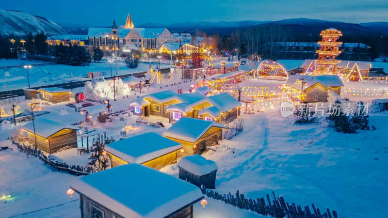 中国雪乡夜景航拍