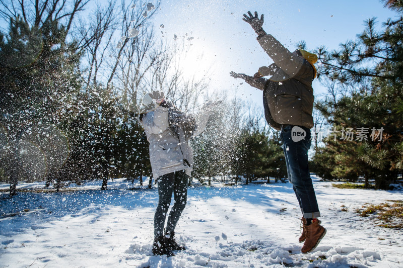 雪地上玩耍的青年伴侣