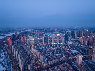 航拍辽宁沈阳浑河冬季夜景奥体中心雪景