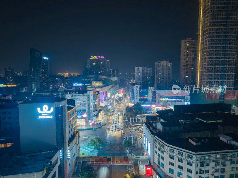 湖南岳阳城市风光岳阳商业街夜景航拍