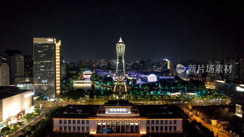 杭州城市夜景西湖广场环球金融中心夜景航拍