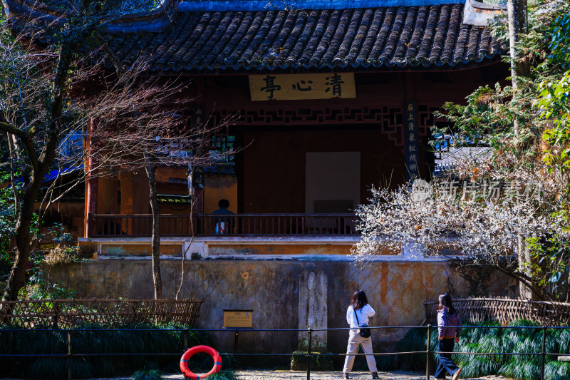 天台山国清寺游客游览清心亭场景