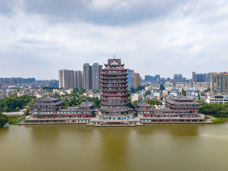 眉山远景楼河流周边风景航拍图