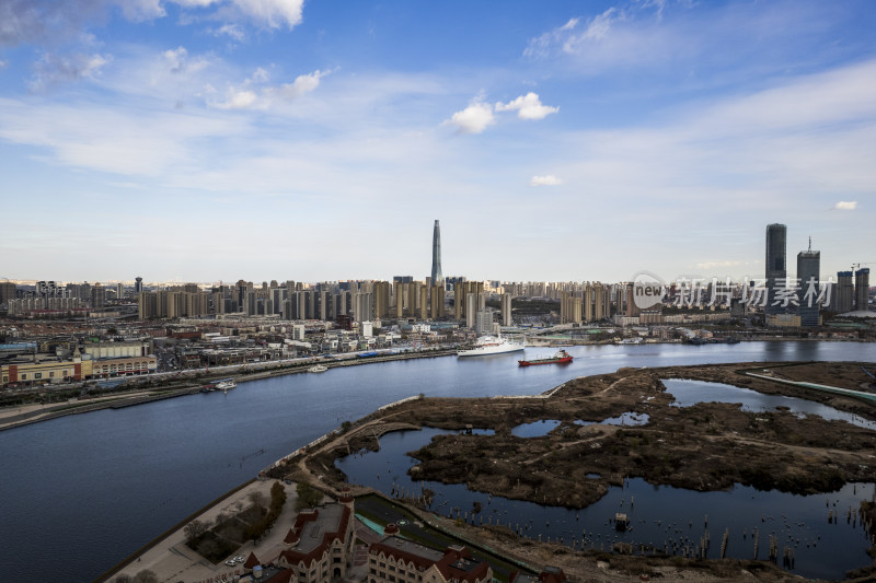 天津滨海海河响螺湾城市风光航拍