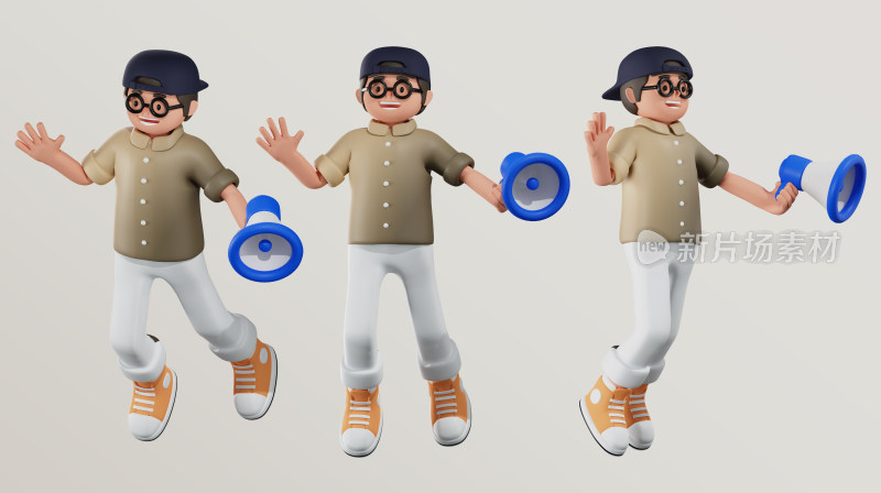 3D卡通人物手持扩音器动作素材