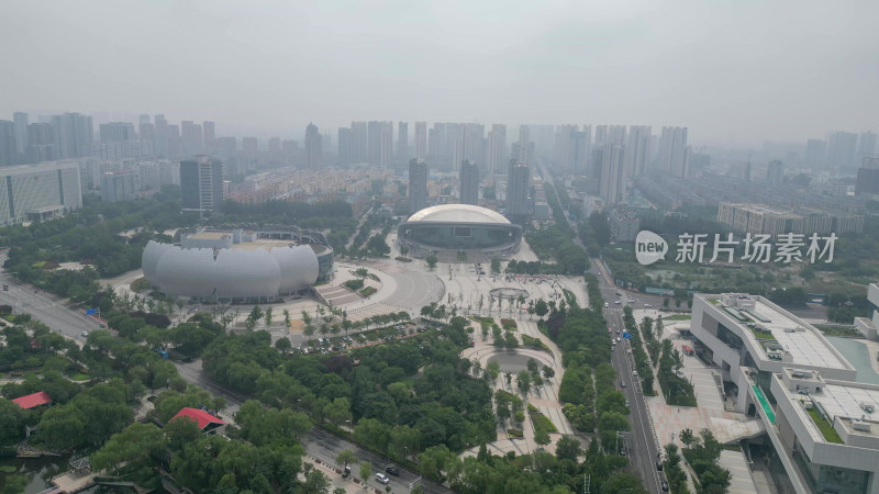 航拍山东菏泽牡丹广场菏泽大剧院