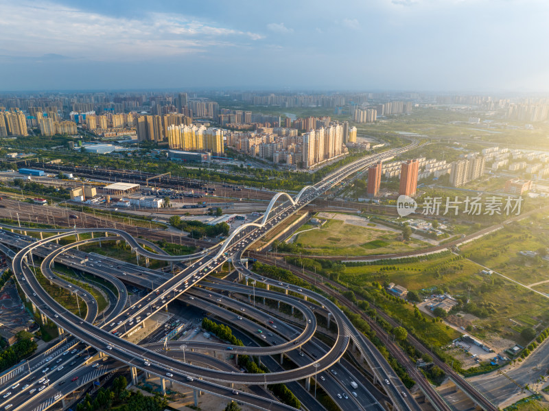 夏季郑州市跨铁路彩虹桥航拍风光