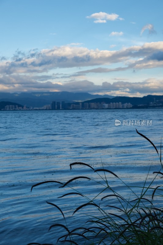 湖畔城市远景与自然风光