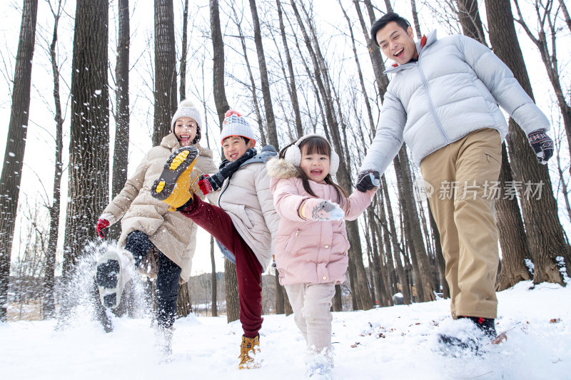 雪地里玩耍的欢乐家庭