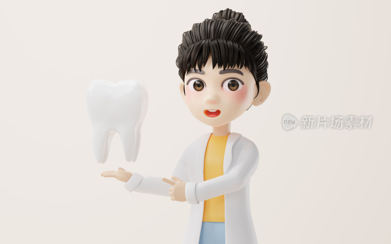 卡通女性科研人员与牙齿3D渲染