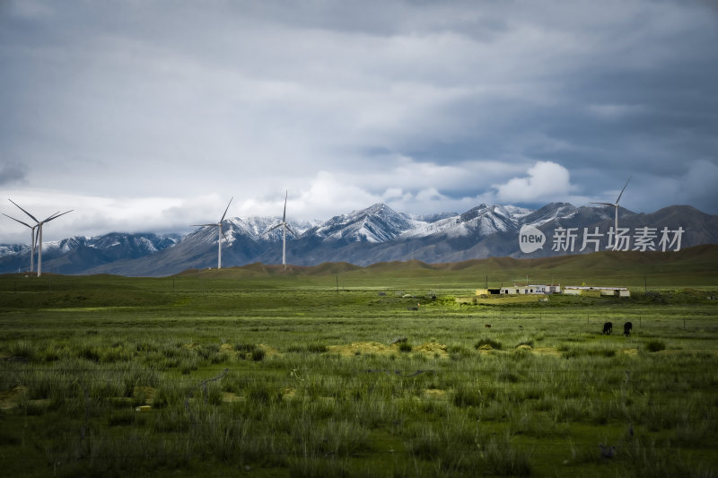 西北戈壁雪山风车草地