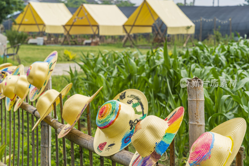 夏日农场里一排排儿童们手绘五颜六色的草帽
