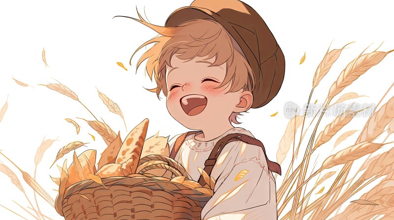 秋天丰收后抱着麦子收成的小孩