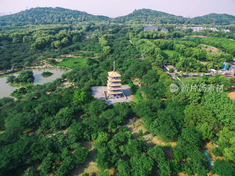 航拍夏季武汉东湖樱园五重塔