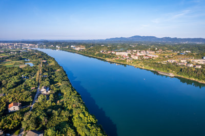 航拍湘江风光夏日早晨