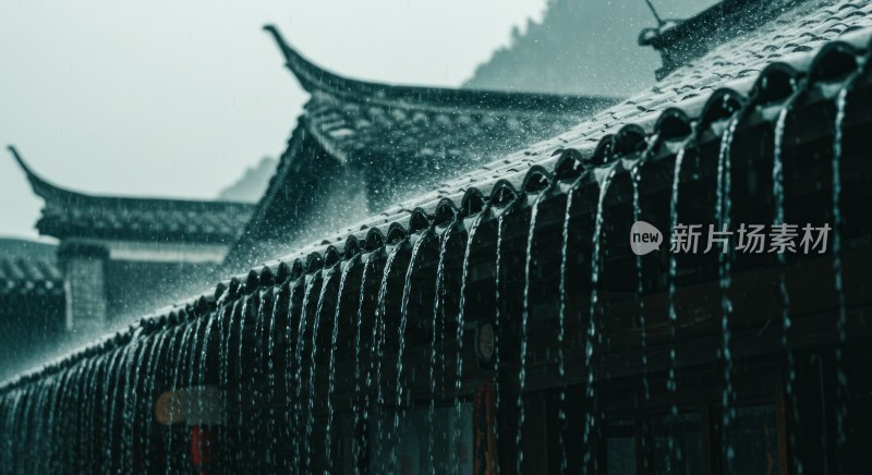 雨中传统古建筑屋顶景象