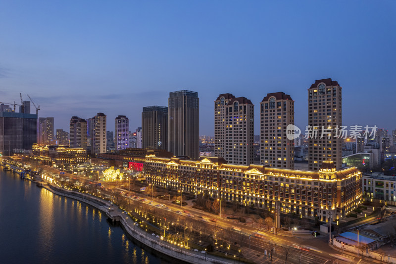 天津海河刘庄桥直沽桥日落城市建筑夜景航拍