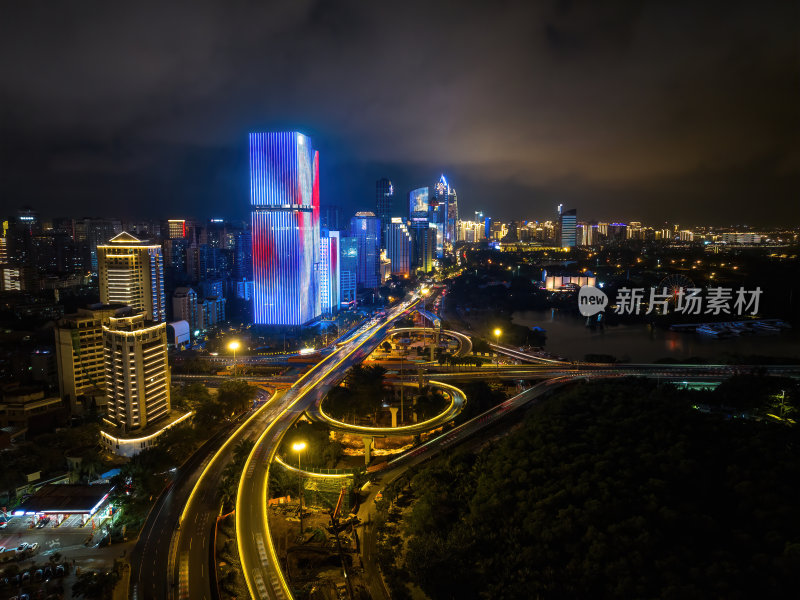 海南海口海滨新城城市车水马龙夜景灯光航拍