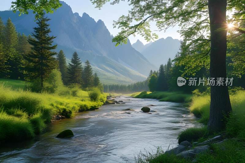 河流树木山峰天空风景