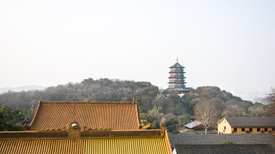 浙江杭州西湖旁净慈寺雷峰塔风光