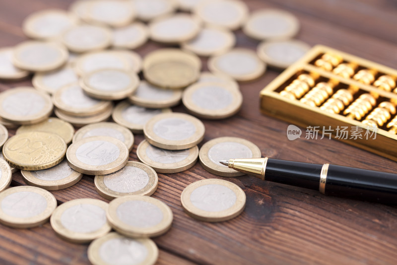 金融投资欧元硬币金算珠签字笔