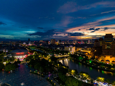 玉林晚霞夜景航拍图