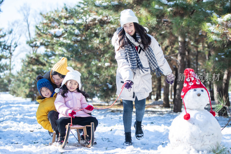 在雪地上玩雪橇的一家人