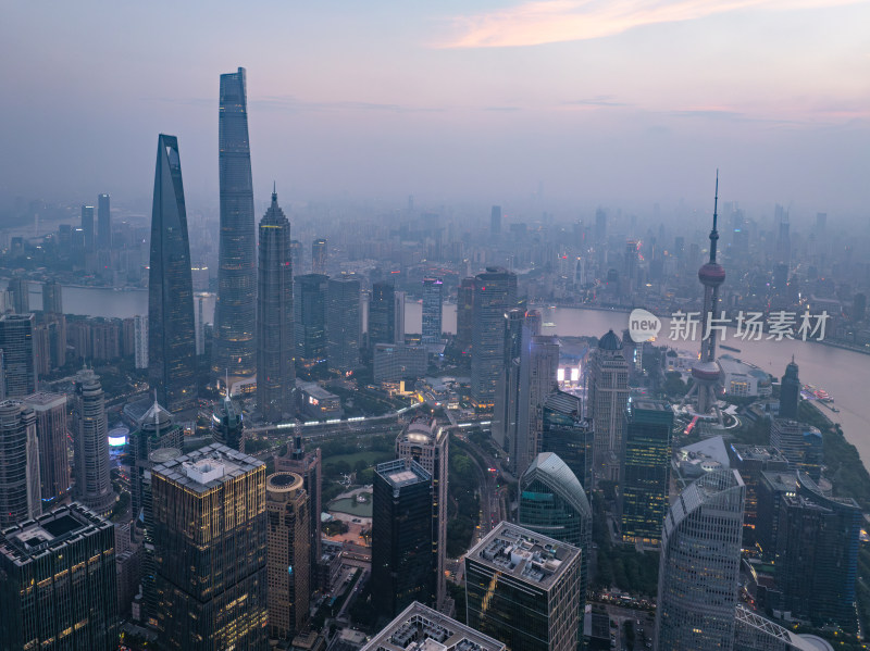 航拍上海陆家嘴高金融中心密集高楼群夜景