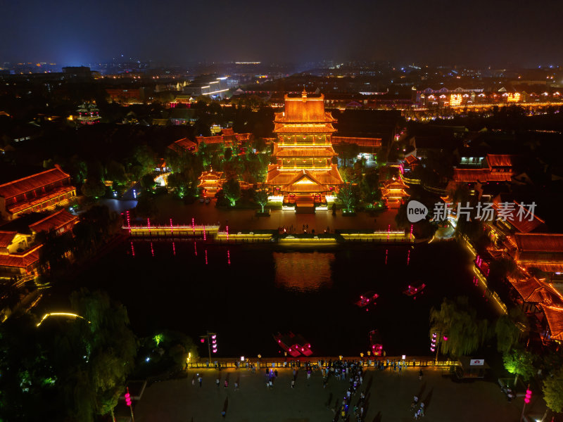 航拍台儿庄古城之复兴楼复兴广场夜景