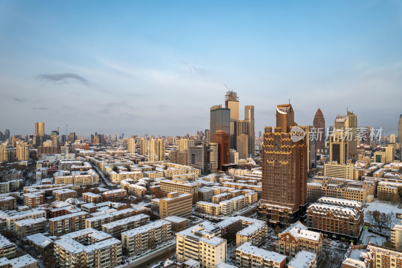 天津海河直沽桥小白楼商圈城市建筑雪景风光