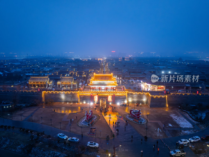 河南商丘古城雪景夜景航拍