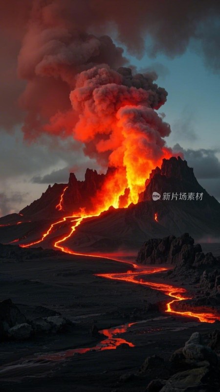 火山喷发熔岩流淌景象