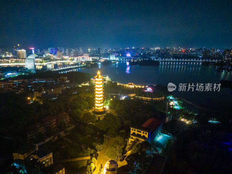 湖北鄂州莲花山元明塔夜景航拍图