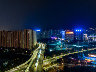 陕西宝鸡夜景交通航拍图