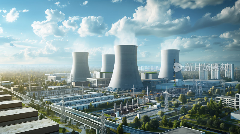 一座现代化的核电站现代能源工业的蓝天映衬