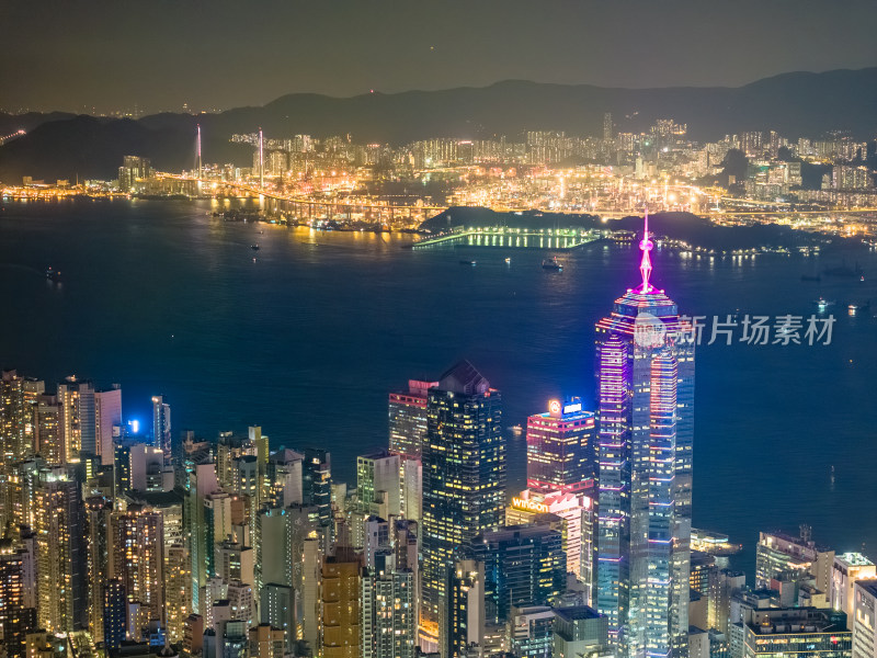 中国香港维多利亚港城市夜景航拍