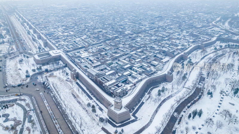 山西晋中平遥古城雪景航拍风景宣传