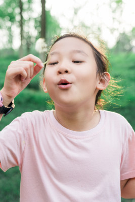 夏天夕阳下吹蒲公英的中国女孩