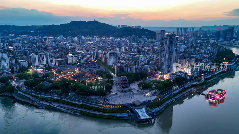 四川宜宾城市晚霞夕阳航拍图