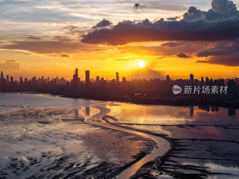 广东大湾区深圳前海湾涂滩日落城市夜景航拍