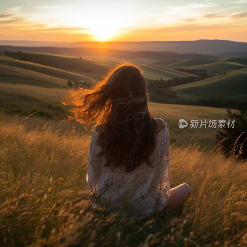 美女坐在山上面对夕阳