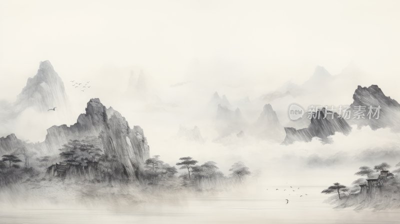 中国风水墨风景意境插画