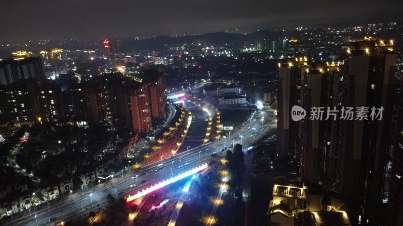 航拍广东省东莞市清溪镇夜景城市风光