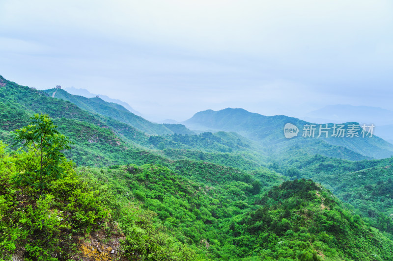 中国夏季金山岭长城阴天下雨云雾风光